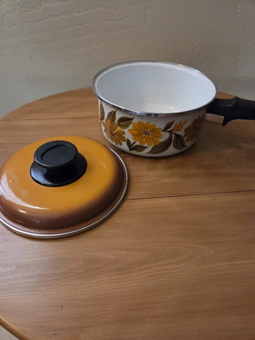 Yellow Floral Enamel Vintage 1970s Capri Saucepan with Lid and Black Handle